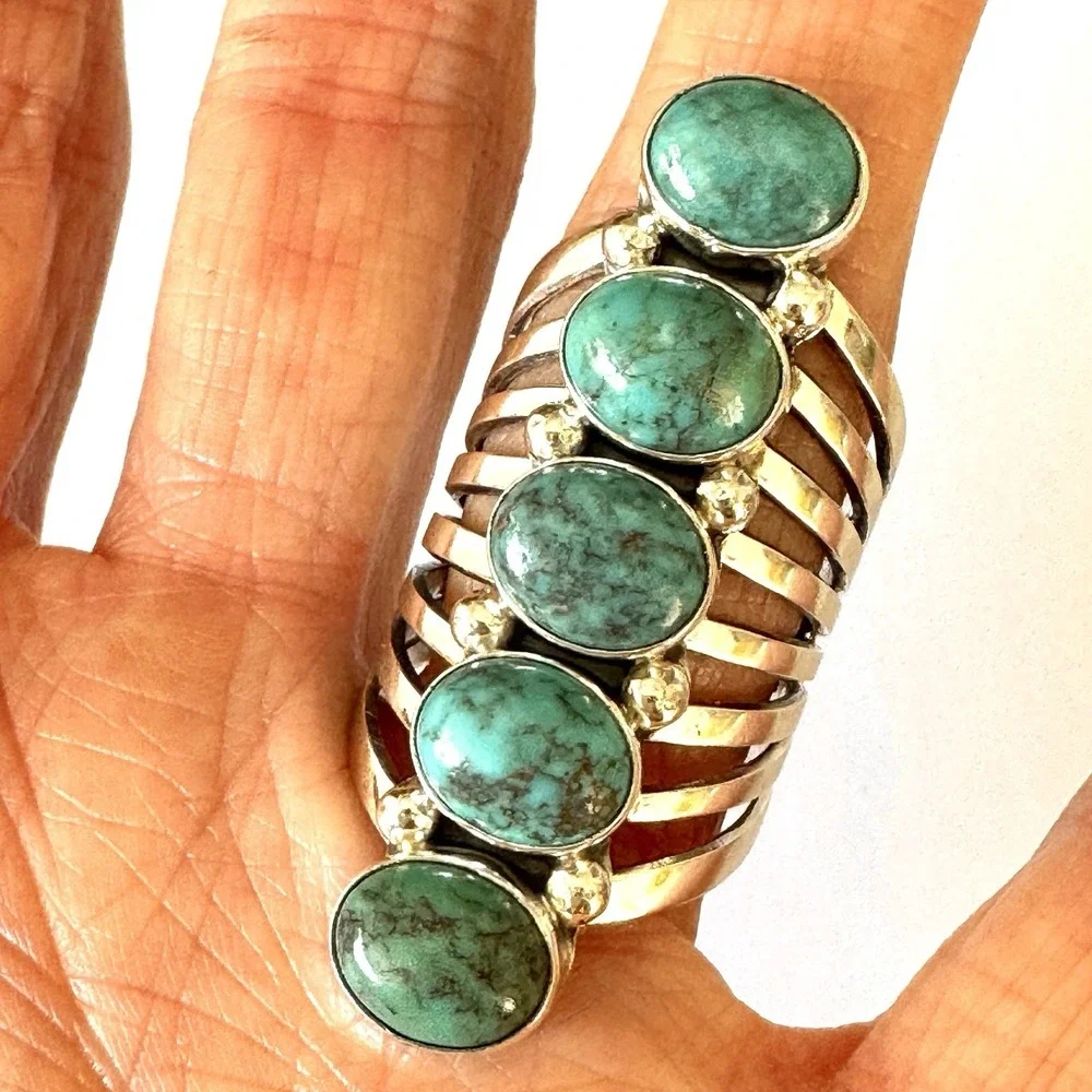 Long Navajo Ring Sz 9 Signed Yazzie Turquoise Sterling Native American 5 Stone